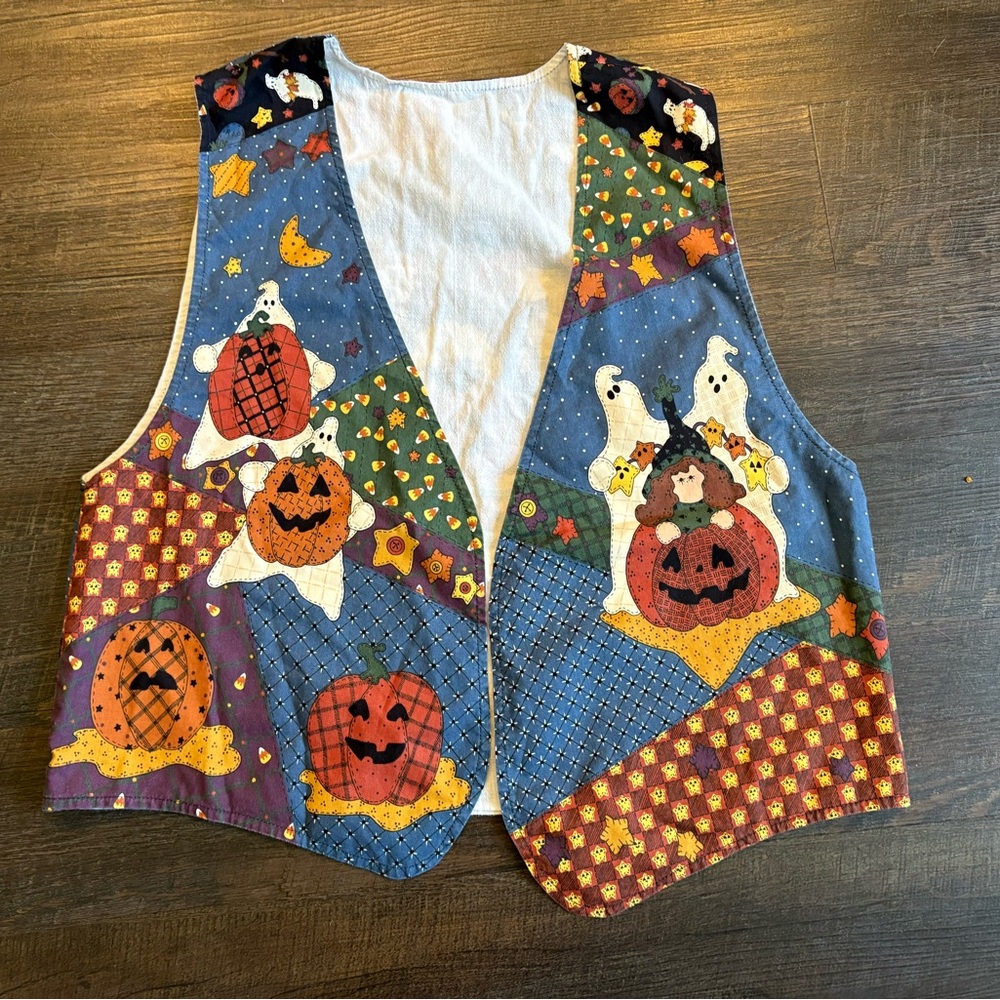 Vintage 90s Halloween Vest Medium Ghosts Pumpkins Cottage Core Homemade Grandma